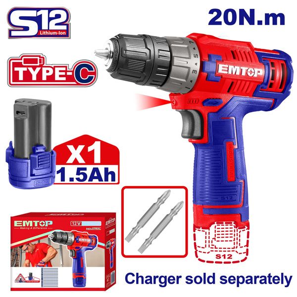 Máy khoan vặn vít dùng pin 12V-20N.m EMTOP ECDL12510