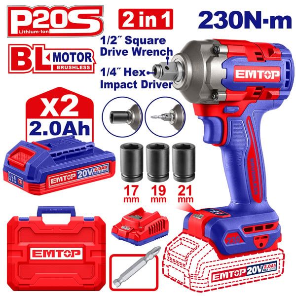 Máy vặn vít và vặn bu lông dùng pin 20V-230N.m EMTOP ECIWL20236