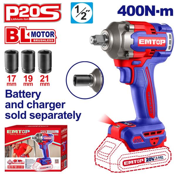 Máy vặn bu lông dùng pin 20V-400Nm EMTOP ECIWL20401