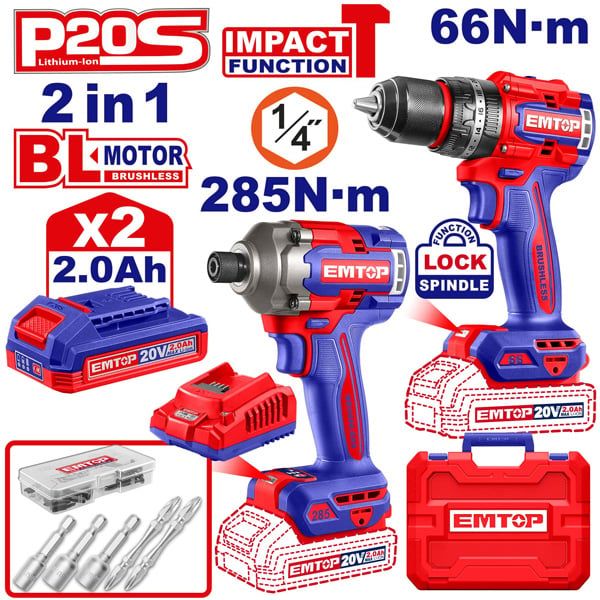 Bộ combo máy vặn vít và khoan động lực dùng pin 20V EMTOP ECKL20277