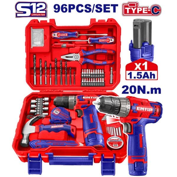Bộ 96 món máy khoan vặn vít dùng pin 12V-20N.m EMTOP EEDK09601