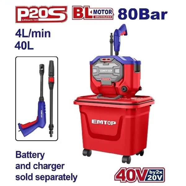 Máy xịt rửa cao áp dùng pin 2x20V-80Bar EMTOP ELPW4055061