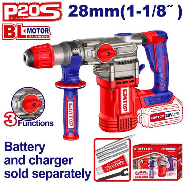 Máy khoan bê tông dùng pin 20V-28mm EMTOP ELRH20288