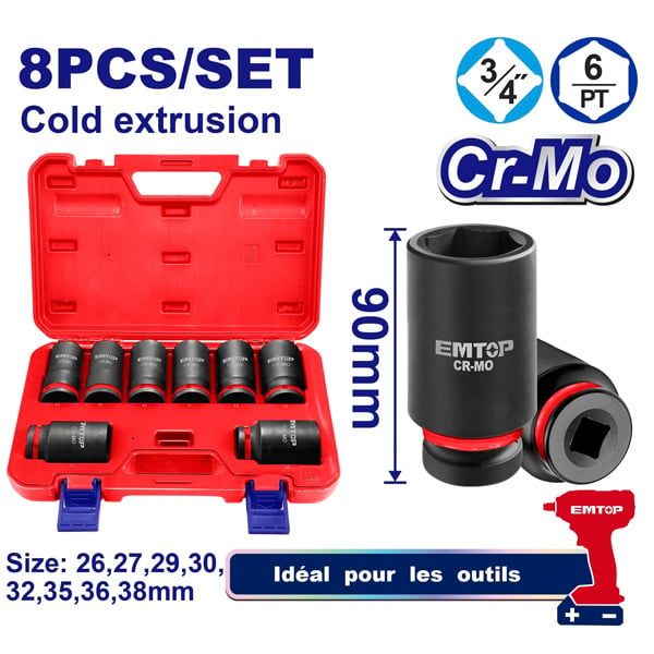 Bộ 8 đầu tuýp dài 90mm 3/4 inch EMTOP EMSSD34082L