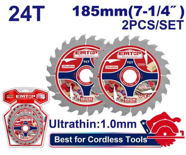 Bộ 2 lưỡi cưa gỗ TCT siêu mỏng 185mm EMTOP ETCT1853