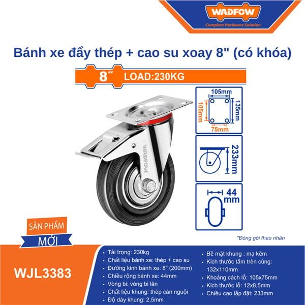 Bánh xe đẩy thép và cao su xoay 8 inch có khóa WADFOW WJL3383