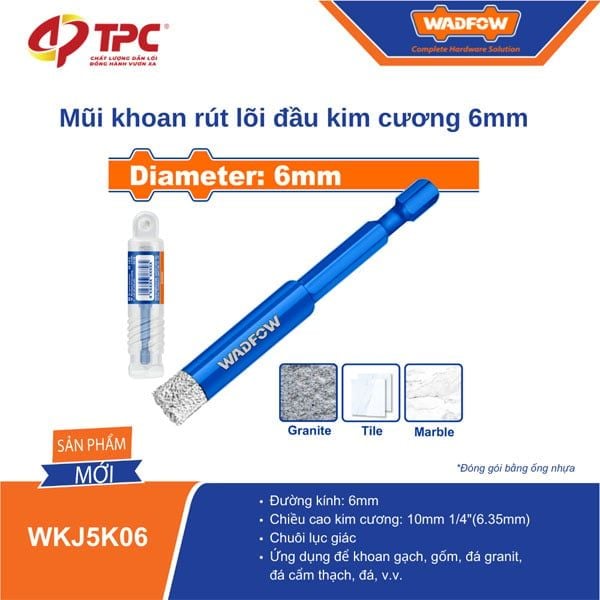Mũi khoan rút lõi đầu kim cương 6mm chuôi lục giác 6.35mm WADFOW WKJ5K06