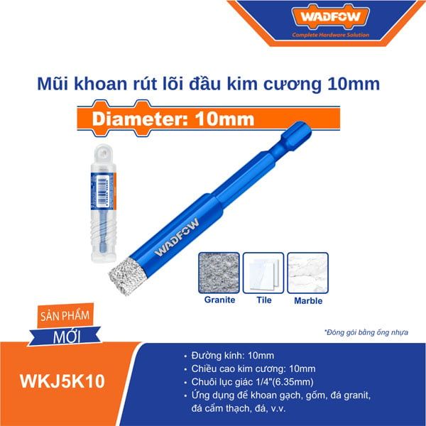 Mũi khoan rút lõi đầu kim cương 10mm chuôi lục giác 6.35mm WADFOW WKJ5K10