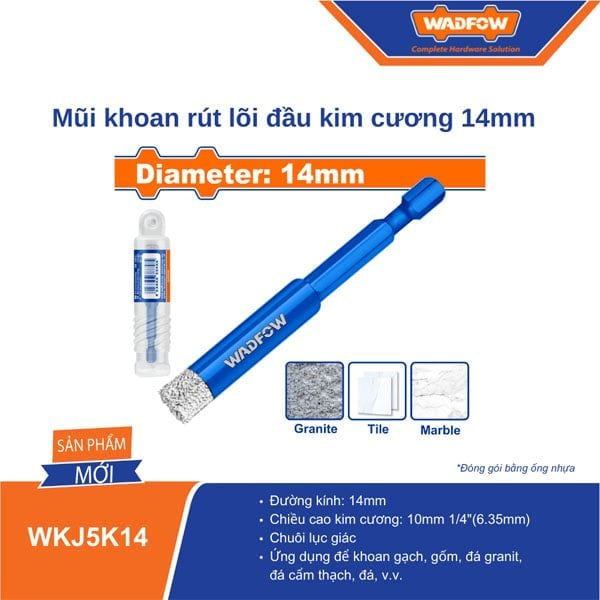 Mũi khoan rút lõi đầu kim cương 14mm chuôi lục giác 6.35mm WADFOW WKJ5K14