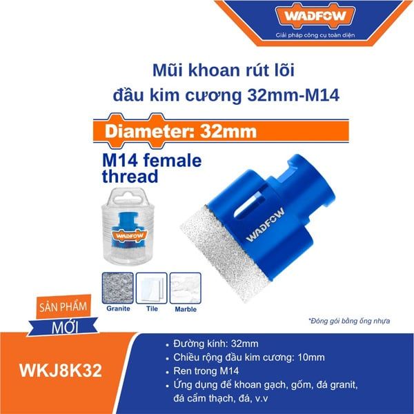 Mũi khoan rút lõi đầu kim cương 32mm-M14 WADFOW WKJ8K32