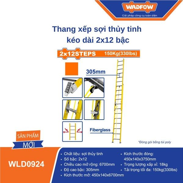Thang xếp sợi thủy tinh kéo dài 2x12 bậc WADFOW WLD0924