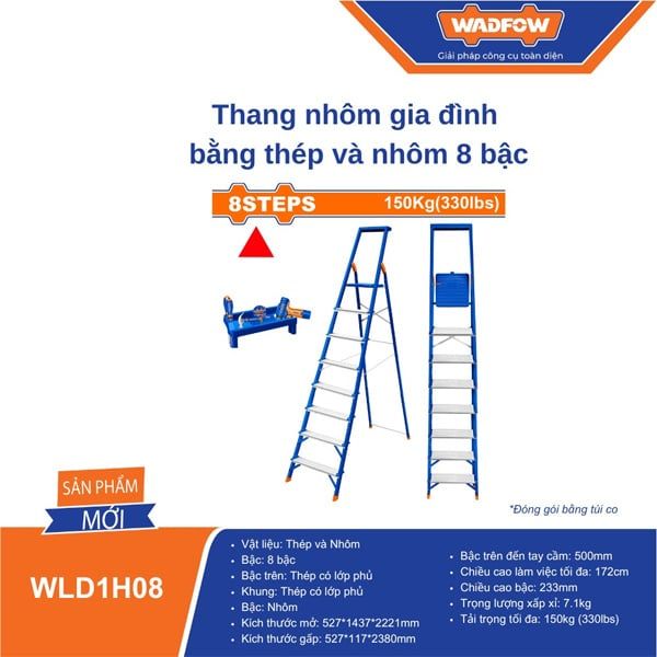 Thang nhôm gia đình bằng thép và nhôm 8 bậc WADFOW WLD1H08