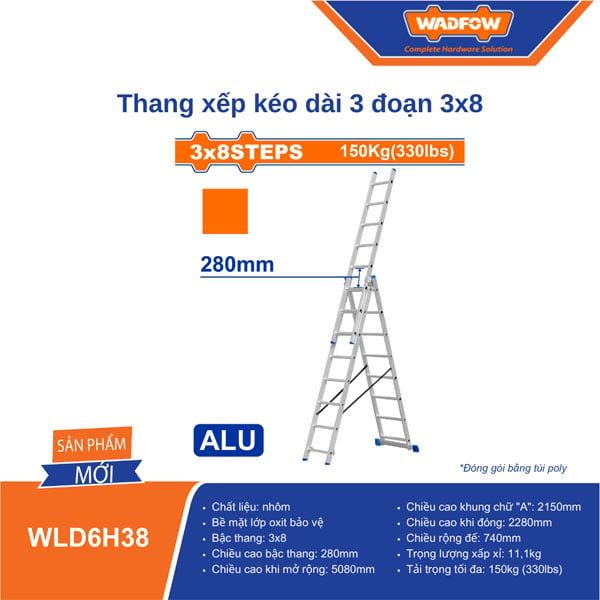 Thang xếp kéo dài 3 đoạn 3x8 bậc WADFOW WLD6H38