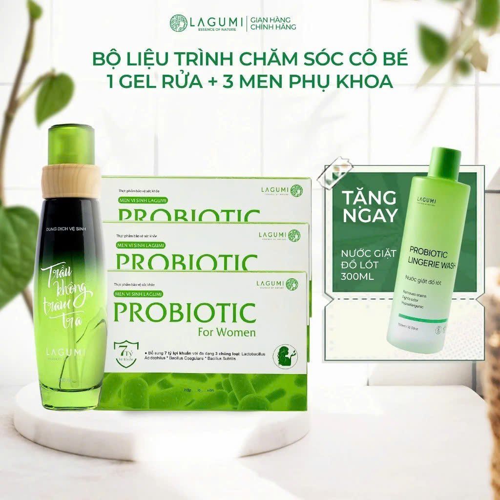 Combo Liệu Trình 1 chai Dung Dịch Vệ Sinh Trầu Không Tràm Trà và 3 Hộp Men Vi Sinh Phụ Khoa Lagumi