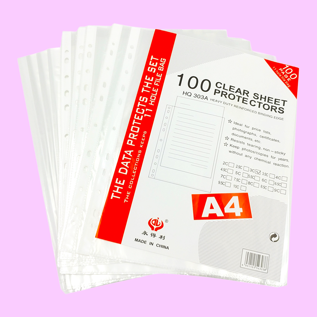 Bìa lỗ A4 XIFU 303A(M), chất liệu nhựa trong dẻo dai, đục sẵn 11 lỗ chuẩn, dễ dàng lưu vào bìa còng – bảo vệ tài liệu hiệu quả, phù hợp cho văn phòng và trường học