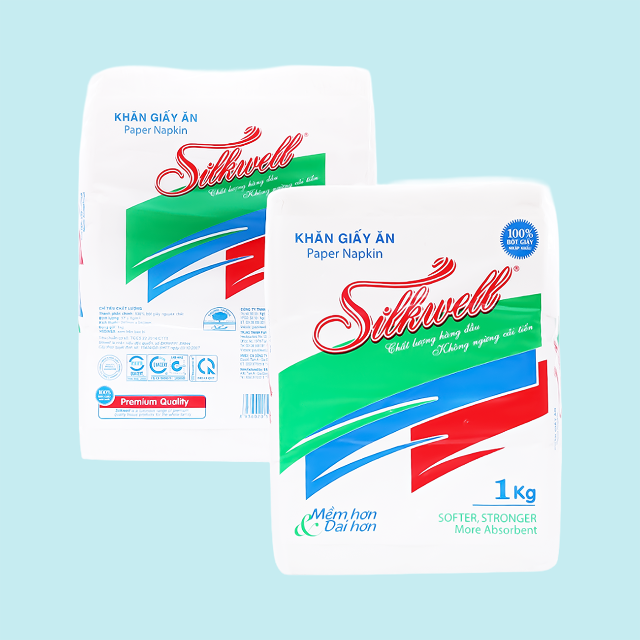 Khăn giấy Silkwell 24x24cm (1kg/bịch), giấy trắng dày, mềm mịn, thấm hút tốt – thích hợp sử dụng trong quán ăn, nhà hàng, gia đình và văn phòng