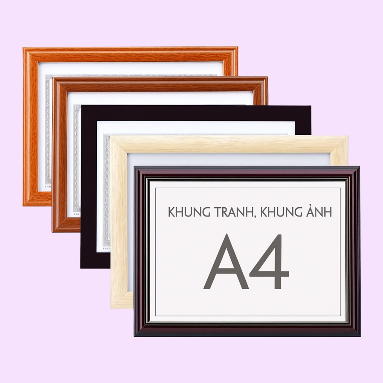Khung tranh A4, chất liệu nhựa hoặc gỗ bền đẹp, mặt kính mica trong suốt, dễ tháo lắp – thích hợp trưng bày giấy khen, chứng chỉ hoặc tranh ảnh trang trí