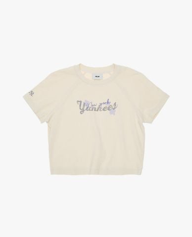 MLB - Áo croptop nữ cổ tròn tay ngắn in chữ