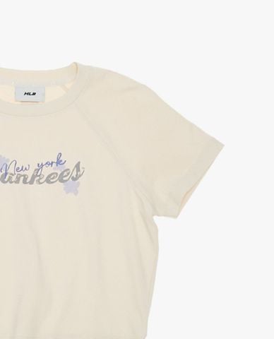 MLB - Áo croptop nữ cổ tròn tay ngắn in chữ