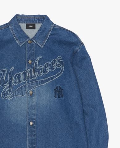 MLB - Áo sơ mi denim unisex tay dài thêu logo thời trang