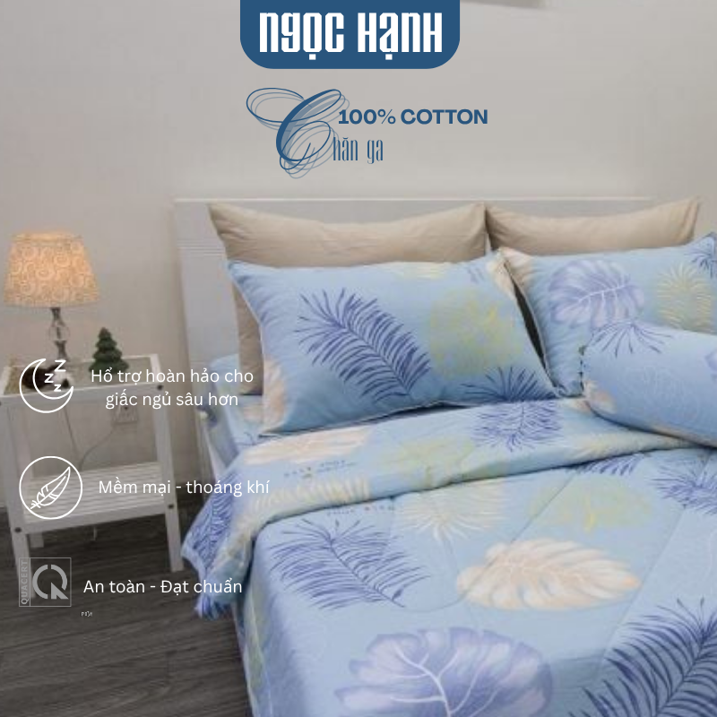 BỘ CHĂN GA COTTON CM LÁ CỌ XANH BIỂN- CHĂN GA COTTON NGỌC HẠNH