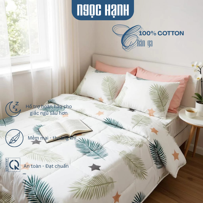Bộ drap giường 100% Cotton hoạ tiết lá dừa - Drap cotton Ngọc Hạnh