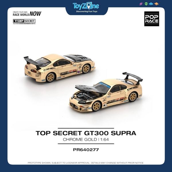 Pop Race 1/64 Top Secret GT300 Supra – Gold Chrome, Carbon Hood, PR640277, 2024 Release