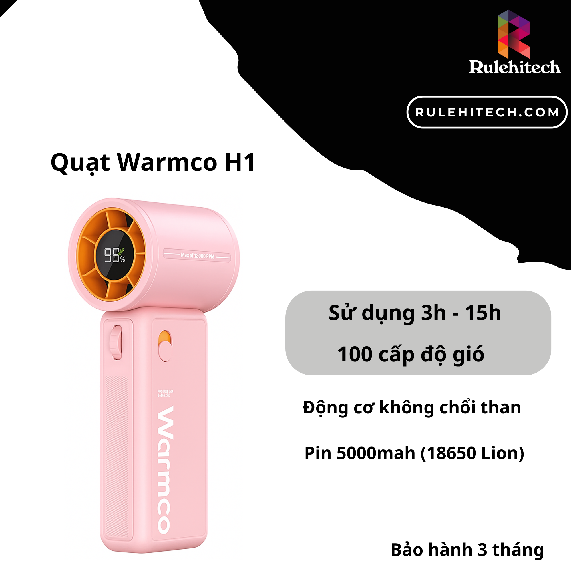 Quạt Turbo mini Warmco H1 (Pin 5000mah)-Hồng