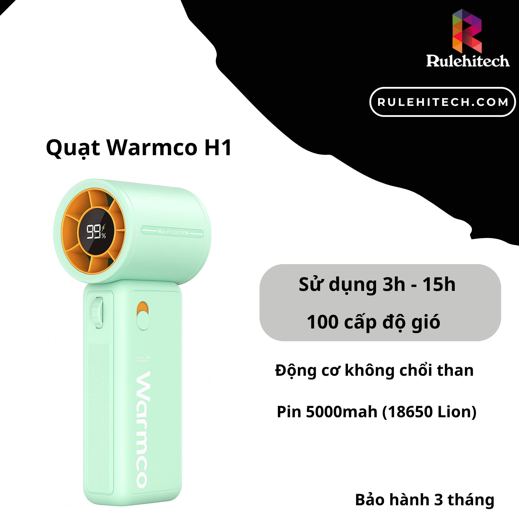 Quạt Turbo mini Warmco H1 (Pin 5000mah)- Xanh Lá