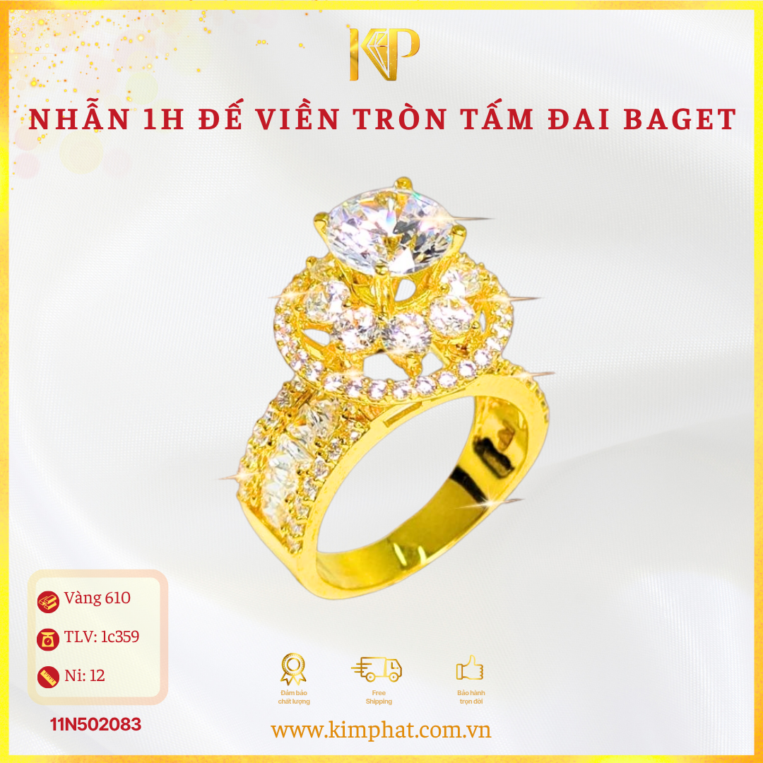 Nhẫn 1 Hột Đế Viền Tròn Tấm Đai Baget Vàng 610 KIM PHÁT 11N502083
