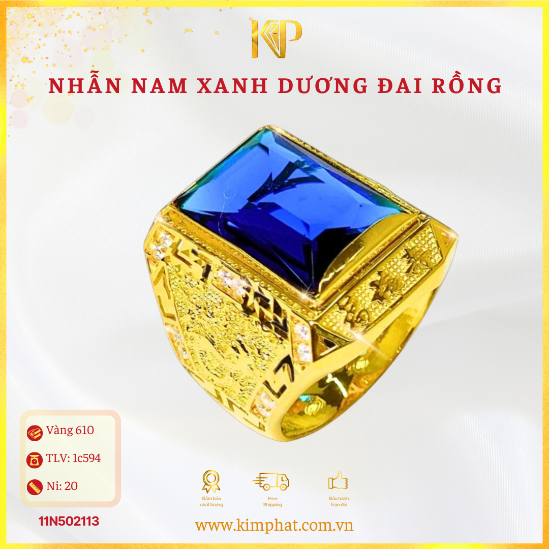 Nhẫn Nam Đá Xanh Dương Đai Rồng Vàng 610 KIM PHÁT 11N502113