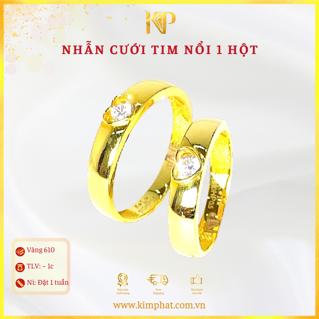 Nhẫn Cưới Tim Nổi 1 Hột Vàng 610 KIM PHÁT