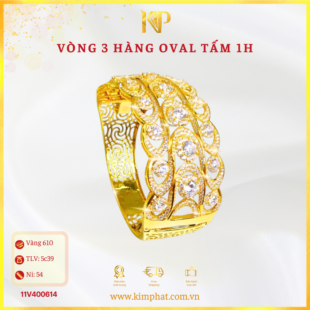 Vòng 3 Hàng Oval Tấm 1 Hột Vàng 610 KIM PHÁT 11V400614