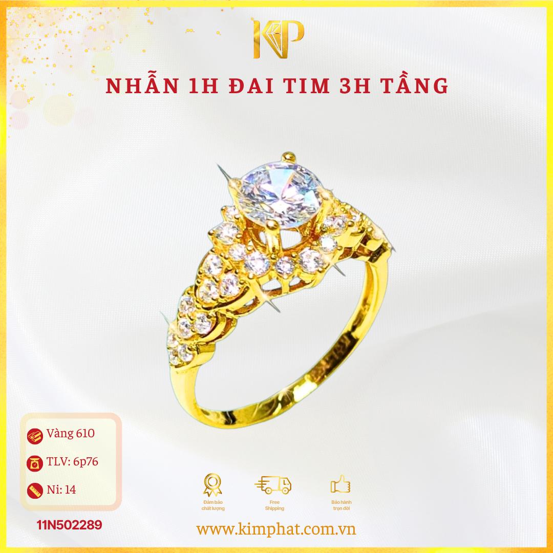 Nhẫn 1 Hột Đai Tim 3 Hột Tầng Vàng 610 KIM PHÁT 11N502289