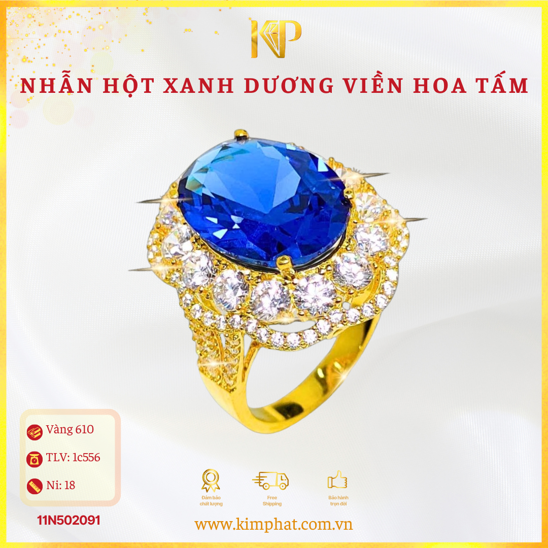 Nhẫn Hột Xanh Dương Viền Hoa Tấm Vàng 610 KIM PHÁT 11N502091