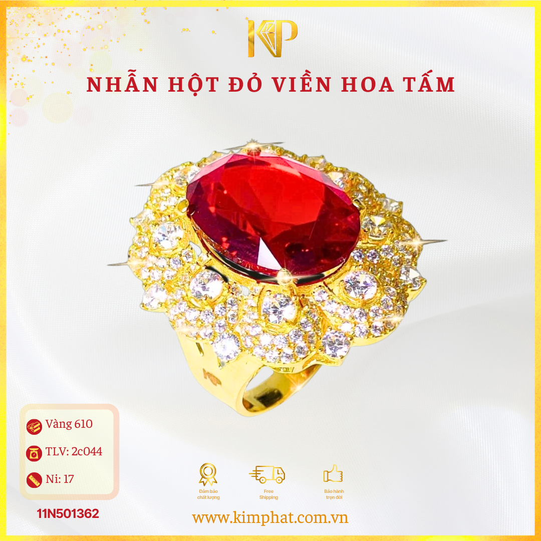 Nhẫn Hột Đỏ Viền Hoa Tấm Vàng 610 KIM PHÁT 11N501362