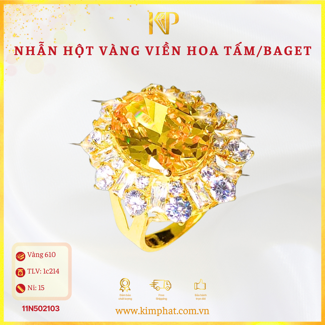 Nhẫn Hột Vàng Viền Hoa Tấm Baget Vàng 610 KIM PHÁT 11N502103