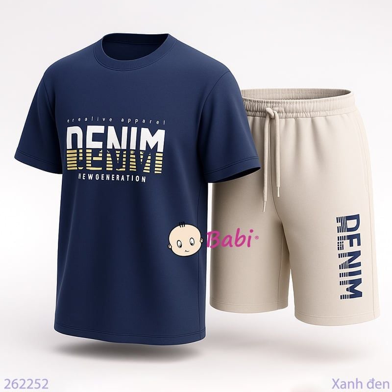 Bộ Thun Bé Trai Tay Ngắn Quần Lửng Chữ Denim (50kg - 70kg)