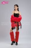 Outfit Phối Sẵn - (HAF0401 Áo Lông Crop Ngắn - Đỏ phối HAQ0102 Áo 2 Dây Cúp Ngực Tua Rua Đen - HVV0402 Váy Da Xếp Li Ngắn Đỏ Đô )