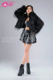 Outfit Phối Sẵn - (HAF0102 Áo Khoác Lông Form Croptop Đen phối HAQ0101 Áo Quây 2 Dây Da Bóng Đen - HVV0101 Váy Xếp Li 2 Tầng Khoen Màu Đen)