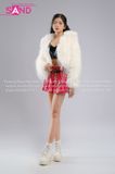 Outfit Phối Sẵn - (HAF0003 Áo Khoác Lông Form Croptop Trắng phối HAQ0101 Áo Quây 2 Dây Da Bóng Đen - HVV0402 Váy Da Xếp Li Ngắn Đỏ Đô )
