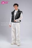 Outfit Phối Sẵn - (HAD0122 Áo Gile Da Bóng Nút Bạc phối HAN0001 Áo Thun Nam Dài Tay Phối Lưới Màu Trắng - HQN0002 Quần Dài Nắp Ngang Trắng Túi Hộp Phối Dây )