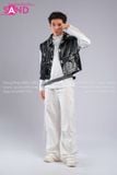 Outfit Phối Sẵn - (HAD0122 Áo Gile Da Bóng Nút Bạc phối HAN0001 Áo Thun Nam Dài Tay Phối Lưới Màu Trắng - HQN0002 Quần Dài Nắp Ngang Trắng Túi Hộp Phối Dây )