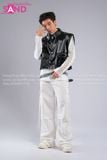 Outfit Phối Sẵn - (HAD0122 Áo Gile Da Bóng Nút Bạc phối HAN0001 Áo Thun Nam Dài Tay Phối Lưới Màu Trắng - HQN0002 Quần Dài Nắp Ngang Trắng Túi Hộp Phối Dây )