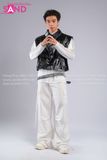 Outfit Phối Sẵn - (HAD0122 Áo Gile Da Bóng Nút Bạc phối HAN0001 Áo Thun Nam Dài Tay Phối Lưới Màu Trắng - HQN0002 Quần Dài Nắp Ngang Trắng Túi Hộp Phối Dây )