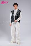 Outfit Phối Sẵn - (HAD0122 Áo Gile Da Bóng Nút Bạc phối HAN0001 Áo Thun Nam Dài Tay Phối Lưới Màu Trắng - HQN0002 Quần Dài Nắp Ngang Trắng Túi Hộp Phối Dây )