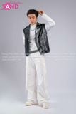 Outfit Phối Sẵn - (HAD0122 Áo Gile Da Bóng Nút Bạc phối HAN0001 Áo Thun Nam Dài Tay Phối Lưới Màu Trắng - HQN0002 Quần Dài Nắp Ngang Trắng Túi Hộp Phối Dây )