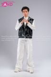 Outfit Phối Sẵn - (HAD0122 Áo Gile Da Bóng Nút Bạc phối HAN0001 Áo Thun Nam Dài Tay Phối Lưới Màu Trắng - HQN0002 Quần Dài Nắp Ngang Trắng Túi Hộp Phối Dây )