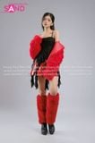 Outfit Phối Sẵn - (HAF0401 Áo Lông Crop Ngắn - Đỏ phối HAQ0102 Áo 2 Dây Cúp Ngực Tua Rua Đen - HVV0402 Váy Da Xếp Li Ngắn Đỏ Đô )