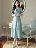 Set áo váy xanh mint cột nơ